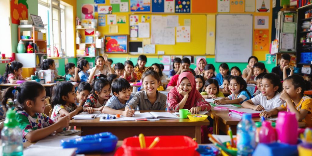 Kelas yang cerah dengan siswa belajar bersama.